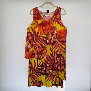 SUSAN GRAVER Dress Women Medium Yellow Pink Tropical Floral Print Layered Midi